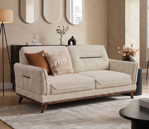 Alvaro 3 Seater Fabric Sofa with Wooden Accents (Cotton, Cottage Ivory)