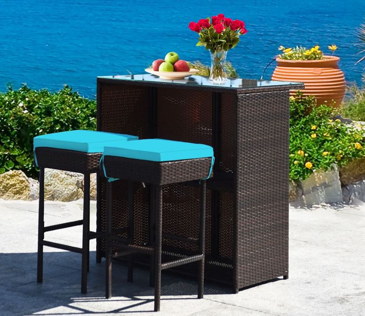 Dark Brown Rattan And Wicker 2 Seater Outdoor Bar Set With Sky Blue Cushions