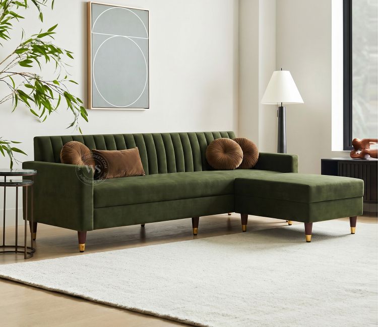 Everett L-Shape Corner Fabric Sofa (Velvet, Dark Olive Green)
