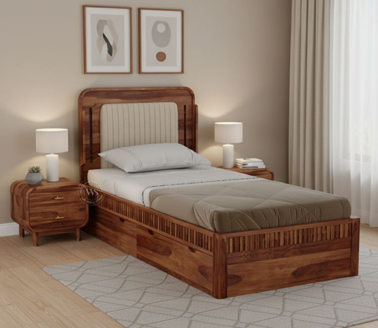Lotus Premium Sheesham Wood Bed with Drawer Storage (Single Size, Honey Finish)