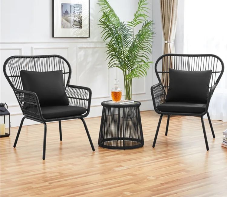 Black Rope 2 Seater Chair With Table And Black Cushions Patio Set