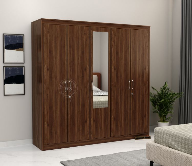 Mahin Five Door Multi Utility Wardrobe with Mirror (Columbian Walnut Finish)