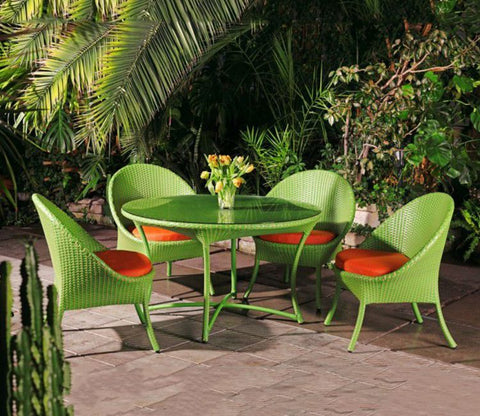 Green And Beige Wicker And Rattan 4 Seater Dining Set With Orange Cushions