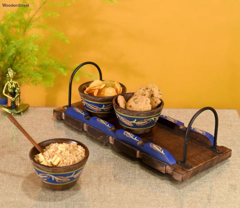 Brown And Blue Handcrafted Wooden Tray With Wooden Bowls