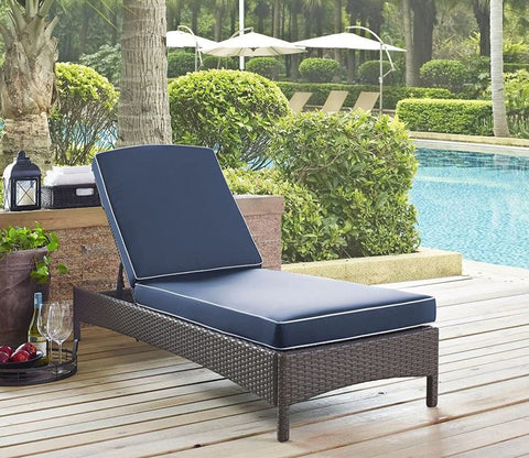 Dark Brown Adjustable Outdoor Patio Lounger With Navy Blue Cushions