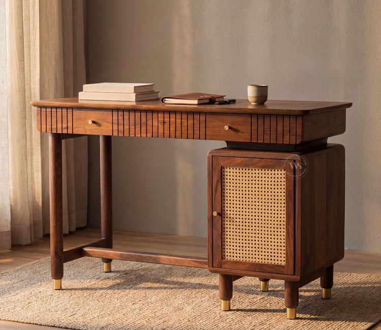 Kalam Modern Designer Sheesham Wood Study Table with Cane Accents & Drawer Storage (Teak Finish)