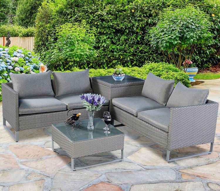 Grey Color Rattan And Wicker 4 Seater Patio Set With table And Grey Cushions
