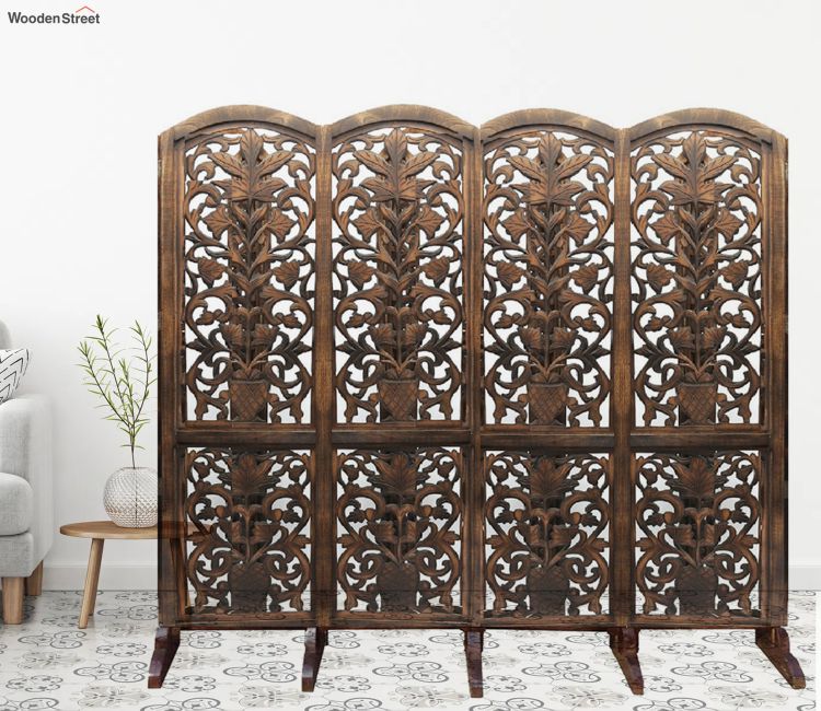 Jonathan Hand Carved Wooden Room Divider Four Panels In Plant With Floral Pattern With Stand