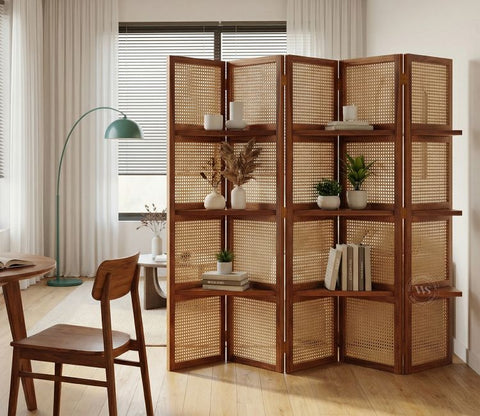Aakaar Sheesham Wood Foldable Room Divider with Cane Weave & Open Shelves - 5 Panel Partition Screen