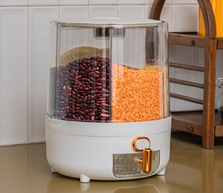 Rotarion 6- Compartment All-In-One Rotating Grain Dispenser (White, Large)