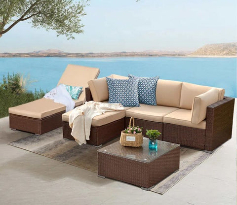 Dark Brown Rattan And Wicker 5 Seater Sofa Set With Table And Cream Cushions