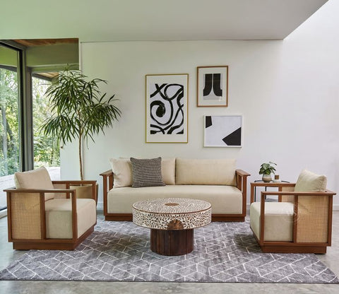Varnik 3+1+1 Ash Wood Sofa Set with Cane Accents (Teak Finish, Cottage Ivory)