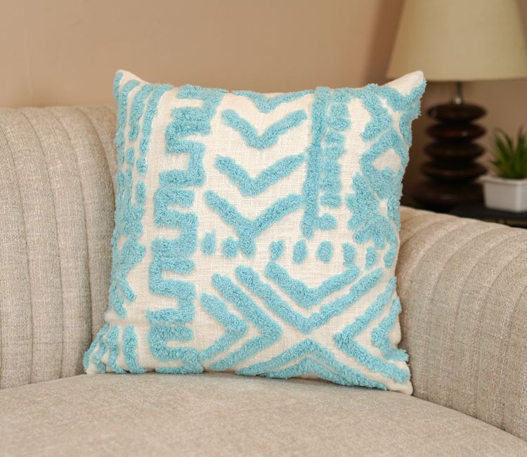 Cotton 100% Tufted Cushion Cover Set of 1 (Blue, 18 x 18 Inch)