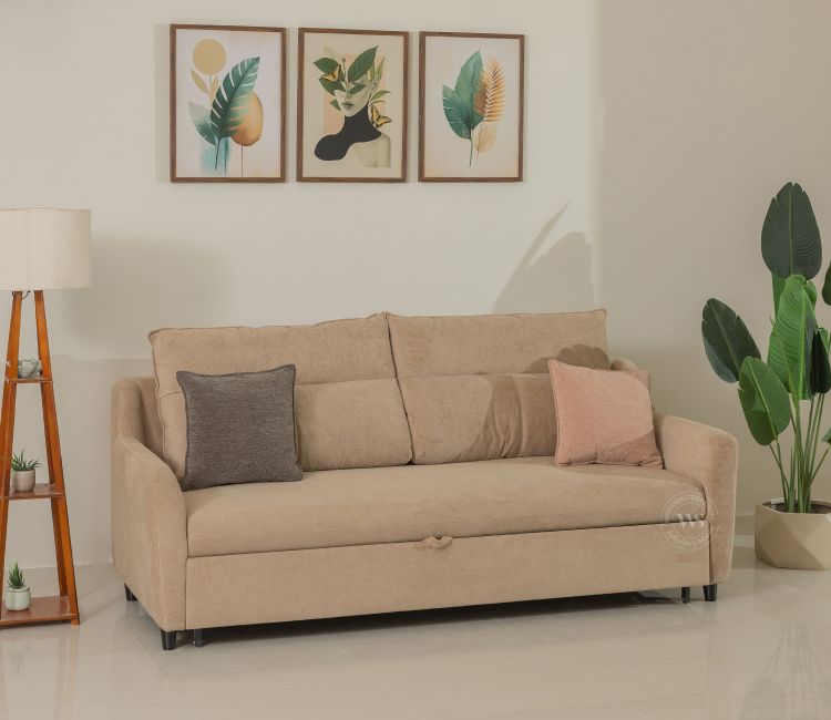 Tevo 3-Seater Sofa Cum Bed | Pull-Out Bed Mechanism | Fabric Upholstery (Beige)