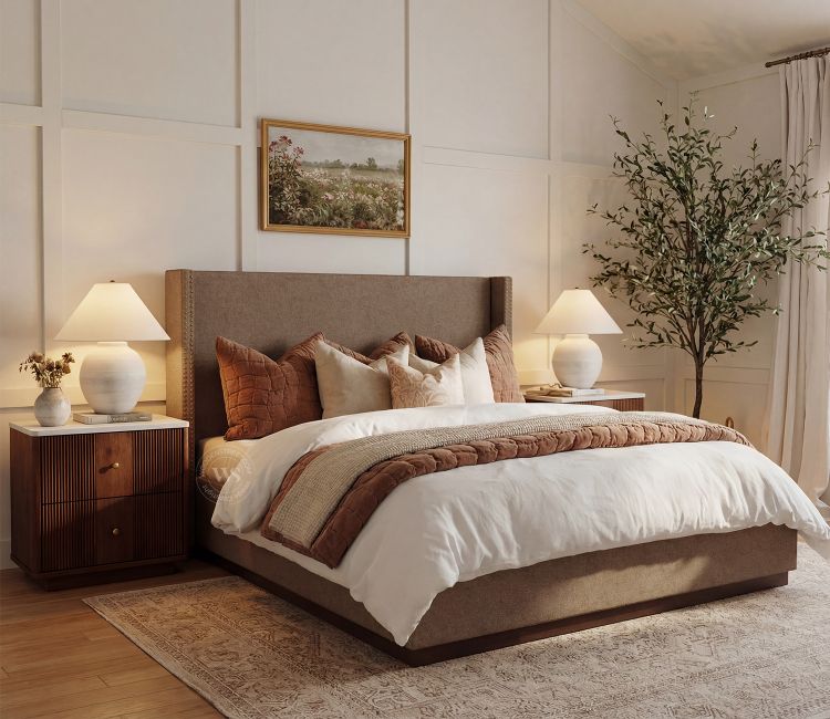 Kesarth Luxe Upholstered Hydraulic Storage Bed with High-Rise Headboard (King Size, Sand Brown)