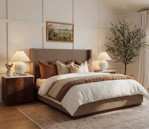 Kesarth Luxe Upholstered Hydraulic Storage Bed with High-Rise Headboard (King Size, Sand Brown)