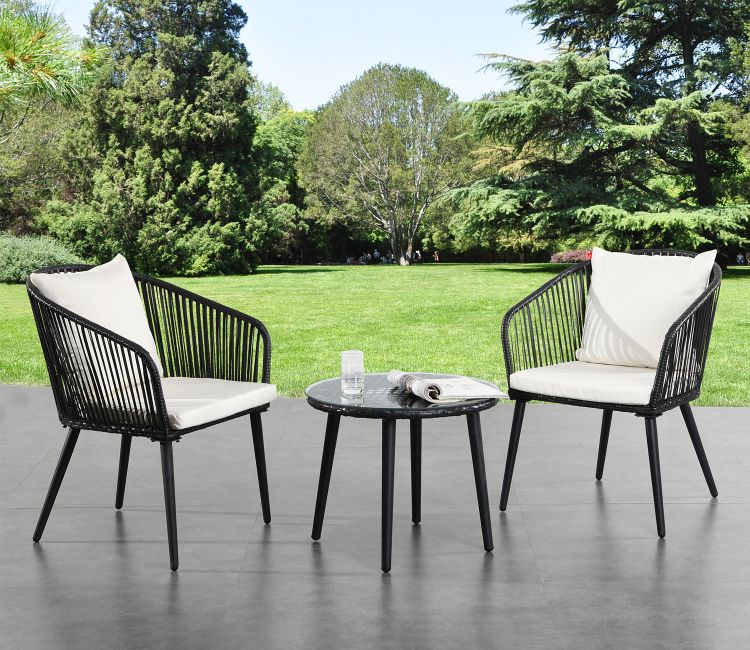 Black 2 Seater Chair With Table And Cream Cushions Balcony Set