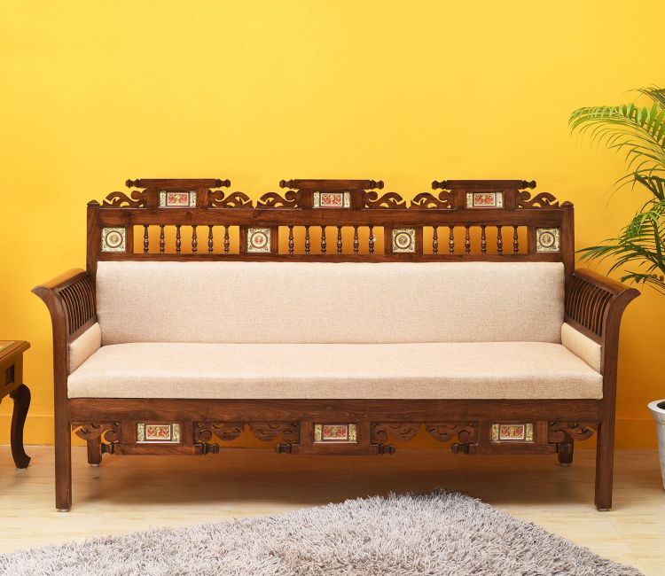 Maharaja-1 Three Seater Sofa in Teakwood with Walnut Finish adorned with Dhokra Brass Frames