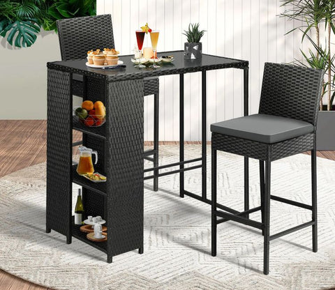Black Rattan And Wicker 2 Seater Bar Set With Table And Grey Cushions