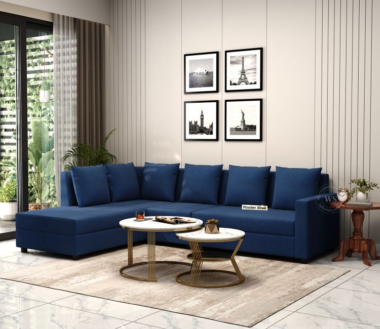 Sible L-Shape 6 Seater Left Aligned Fabric Sofa (Cotton, Azure Blue)