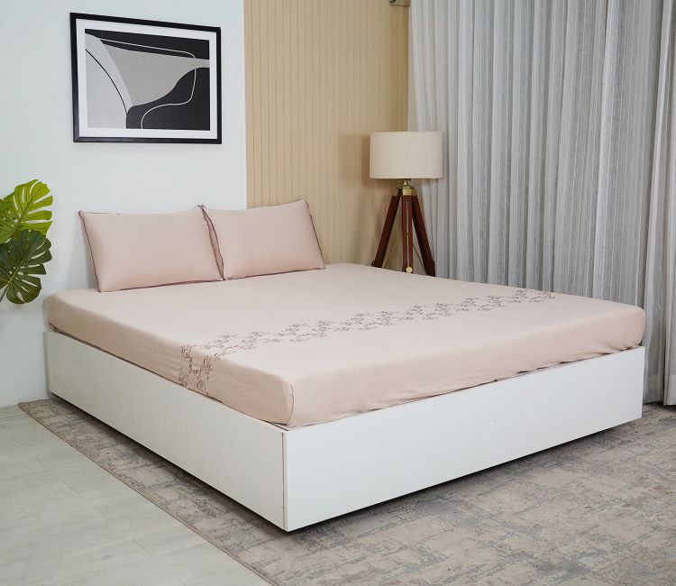Floral Embroidery 300 TC Flat Pure Cotton King Size Bedsheet With 2 Pillow Covers (Pink)