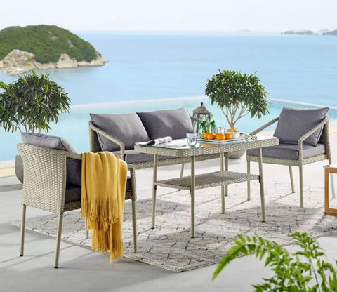Silver Grey Rattan And Wicker 4 Seater Patio Set With Table And Grey Cushions