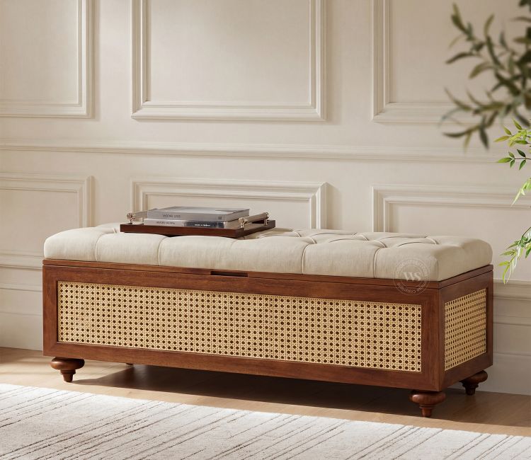 Rini Mango Wood Upholstered Bench with Cane Accent and Storage (Teak Finish, Cottage Ivory)