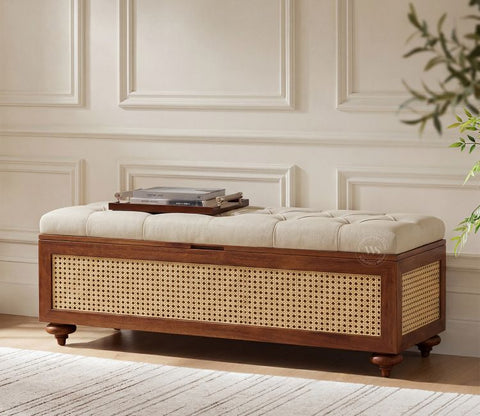 Rini Mango Wood Upholstered Bench with Cane Accent and Storage (Teak Finish, Cottage Ivory)