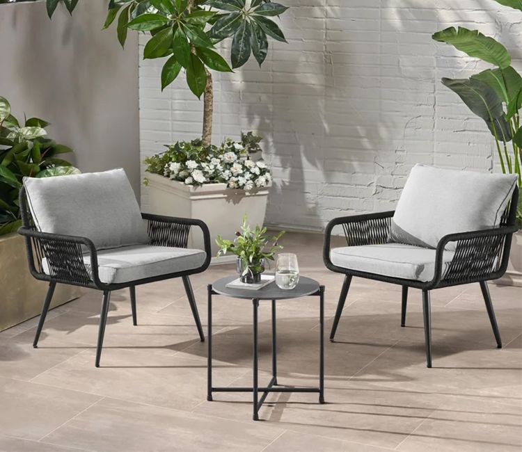 Black Rope 2 Seater Chair With Table And Off White Cushions Balcony Set
