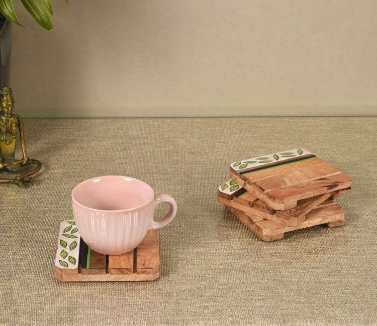 Minty Leaves Hand Painted Coasters Set Of 4