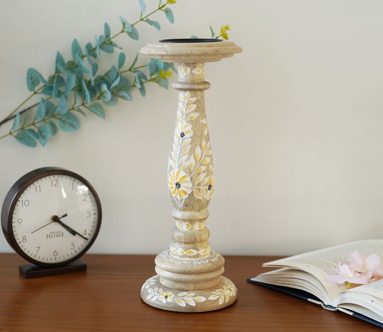 Adiva Floral Hand Painted Wooden Large Pillar Candle Stand
