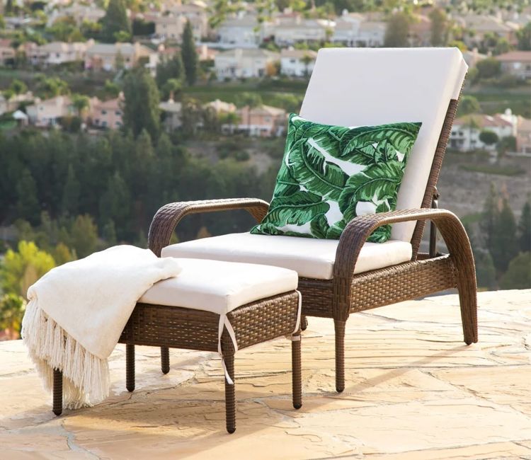 Dark Brown Adjustable Outdoor Patio Lounger With White Cushions And Table
