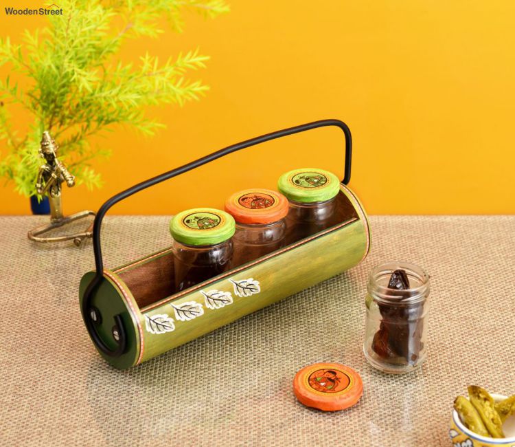 Lemon Green Glass Jars With Wooden Stand