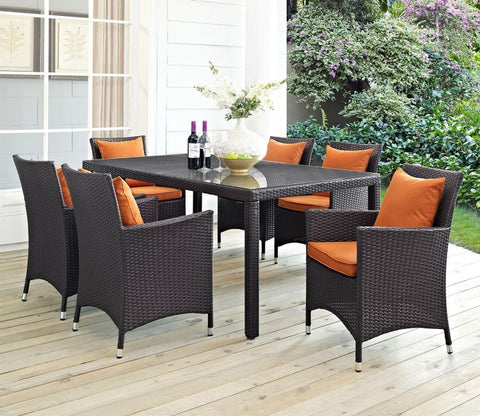 Black Rattan And Wicker Dinning Set With Orange Cushions