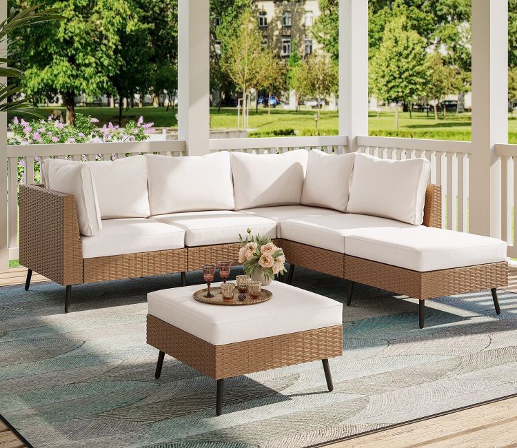 Beige Rattan And Wicker 5 Seater Patio Set With Table And Off White Cushions