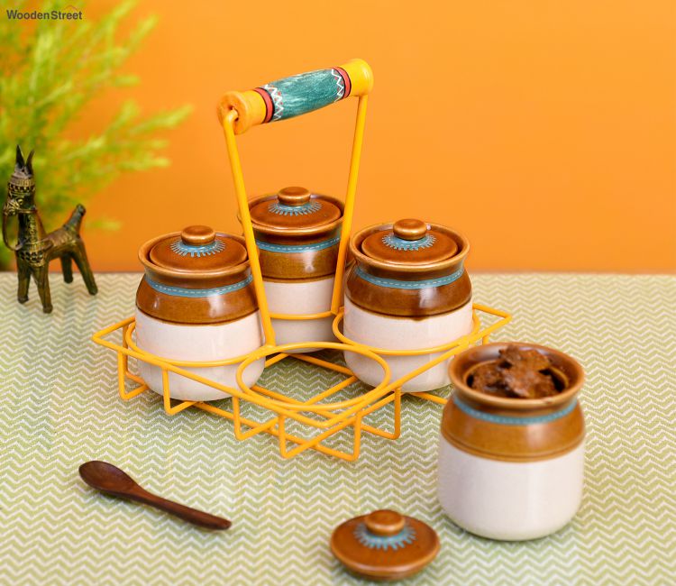 Chatore Barni Set in Yellow Handpainted Metal Stand - Set of 4