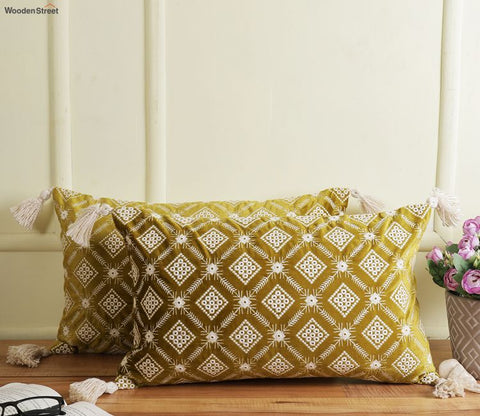 Super Soft Ethnic Design Set of 2 Embroidered Cushion Cover (Henna Green, 20 x 12 inches)
