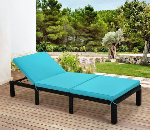 Dark Brown Adjustable Outdoor Patio Lounger With Sky Blue Cushions