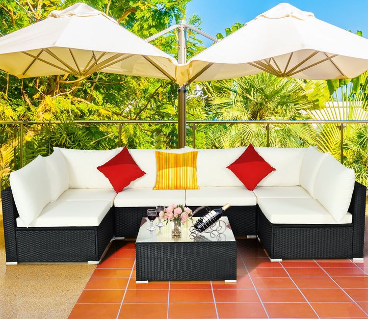 Black Rattan And Wicker 6 Seater Sofa Set With Table And White Cushions