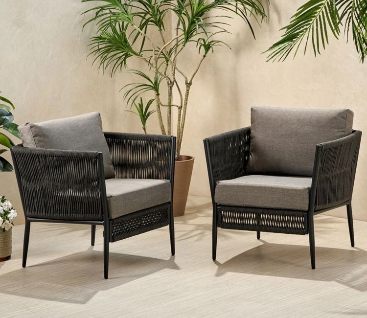 Black Rope 2 Seater Chair Set With Grey Cushions