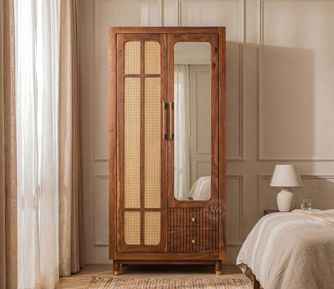 Rida Sheesham Wood Wardrobe with Elegant Cane Detailing and Mirror (Teak Finish)
