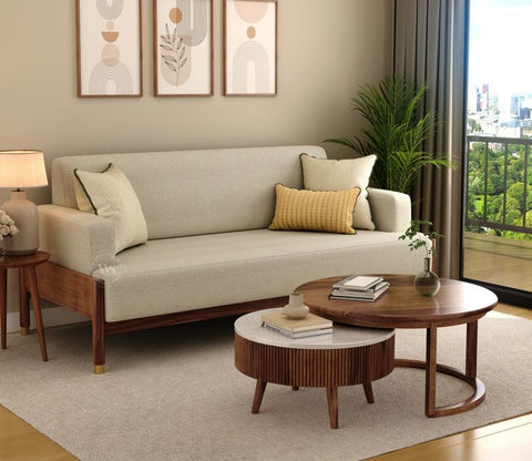 Kairav Modern 3 Seater Wooden Sofa with Premium Upholstery (Cottage Ivory)