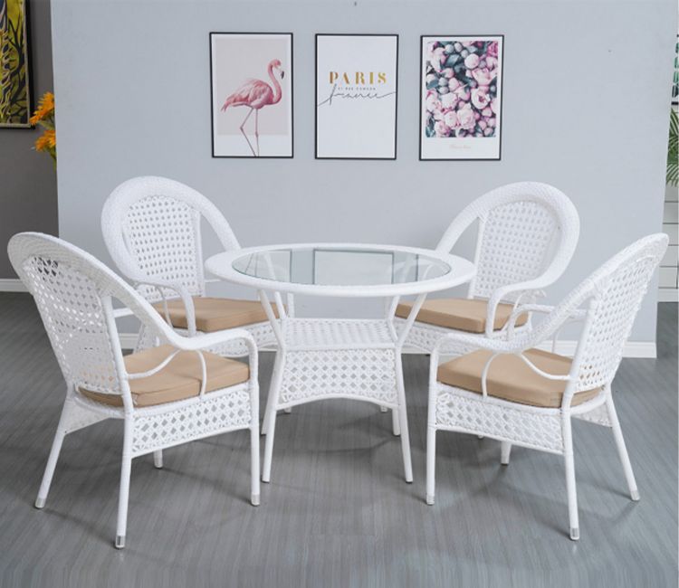 Wicker And Rattan 4 Seater Dining Set With Cream Cushions (White)