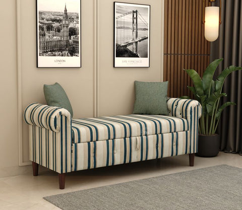 Velo Cushioned Hand Carved Sofa Bench With Hidden Storage (Blue Strip)