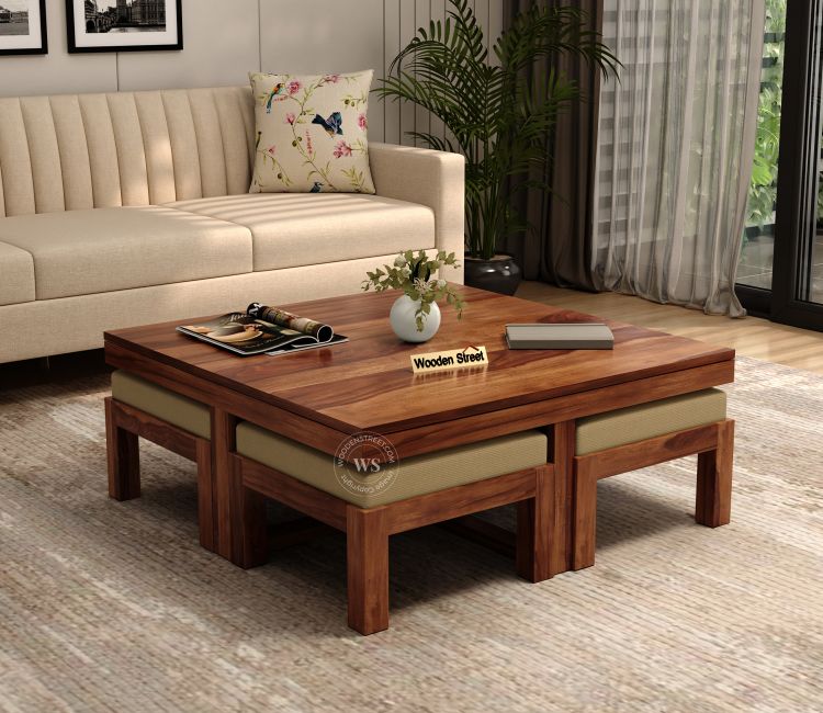 Reid Sheesham Wood Coffee Table with Four Cushioned Stools (Honey Finish)