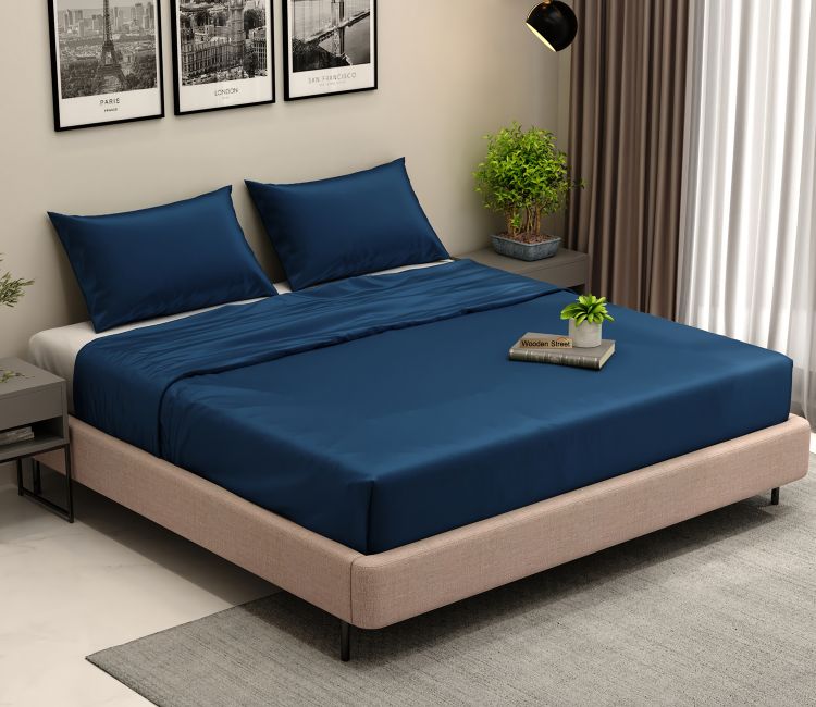 Vegan Bamboo Silk Bedsheet 300 TC Naturally Anti-Bacterial Queen Bedsheet with 2 Pillow Cover (Navy Blue)