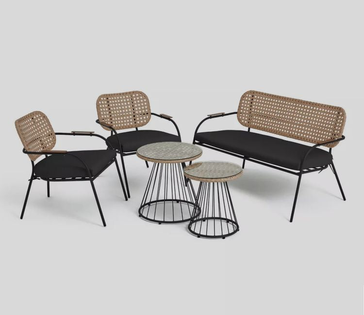 Beige Rope 4 Seater Sofa Set With Table And Black Cushions