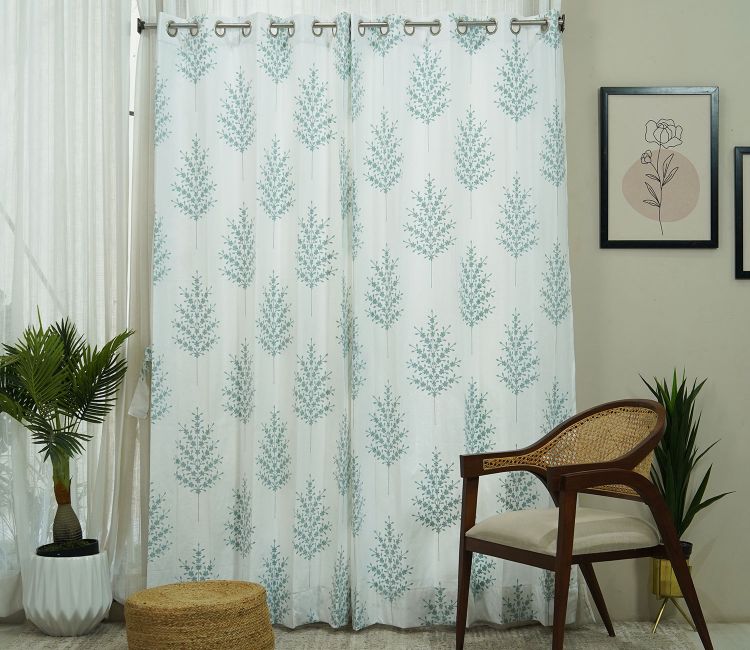 Jacquard Tree 1 Piece Sheer Curtain (Blue, 7 Feet)