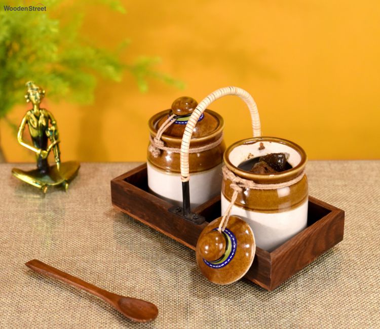 Brown Colour Cane Emblished Wooden Tray With Barni Set