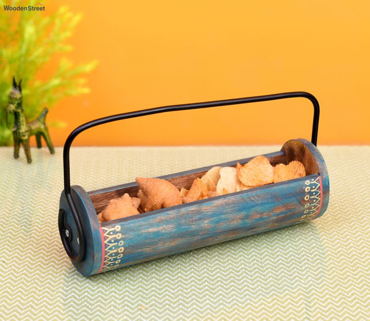 Blue Colour Wooden Snack Server In Exotic Shape With Stylish Metal Handle